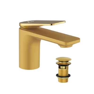Picture of Single lever basin mixer with click clack waste - Lever: Gold Bright PVD | Body: Gold Matt PVD