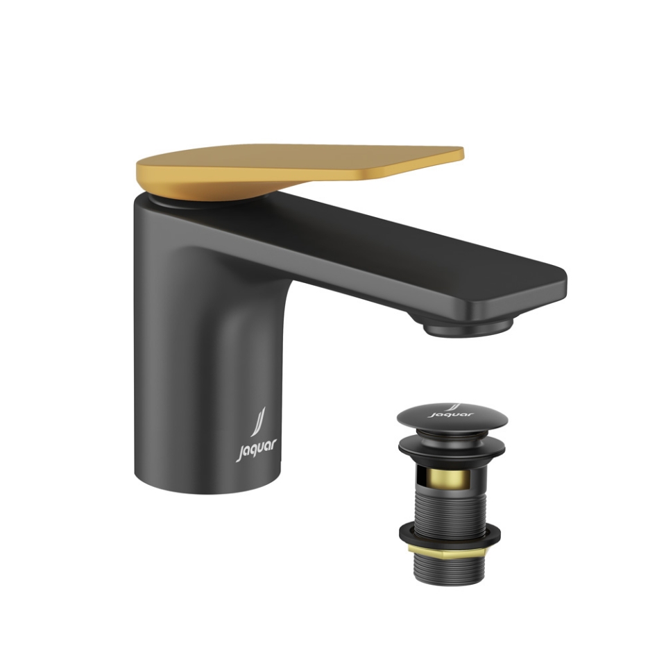 Picture of Однорычажный смеситель для раковины с донным клапаном click-clack - Рычаг: Золото матовое | Корпус: Черный матовый